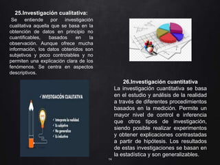 14
25.Investigación cualitativa:
Se entiende por investigación
cualitativa aquella que se basa en la
obtención de datos en principio no
cuantificables, basados en la
observación. Aunque ofrece mucha
información, los datos obtenidos son
subjetivos y poco controlables y no
permiten una explicación clara de los
fenómenos. Se centra en aspectos
descriptivos.
26.Investigación cuantitativa
La investigación cuantitativa se basa
en el estudio y análisis de la realidad
a través de diferentes procedimientos
basados en la medición. Permite un
mayor nivel de control e inferencia
que otros tipos de investigación,
siendo posible realizar experimentos
y obtener explicaciones contrastadas
a partir de hipótesis. Los resultados
de estas investigaciones se basan en
la estadística y son generalizables.
 