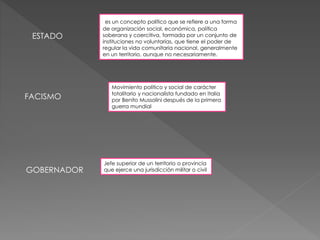 ESTADO 
FACISMO 
GOBERNADOR 
es un concepto político que se refiere a una forma 
de organización social, económica, política 
soberana y coercitiva, formada por un conjunto de 
instituciones no voluntarias, que tiene el poder de 
regular la vida comunitaria nacional, generalmente 
en un territorio, aunque no necesariamente. 
Movimiento político y social de carácter 
totalitario y nacionalista fundado en Italia 
por Benito Mussolini después de la primera 
guerra mundial 
Jefe superior de un territorio o provincia 
que ejerce una jurisdicción militar o civil 
 