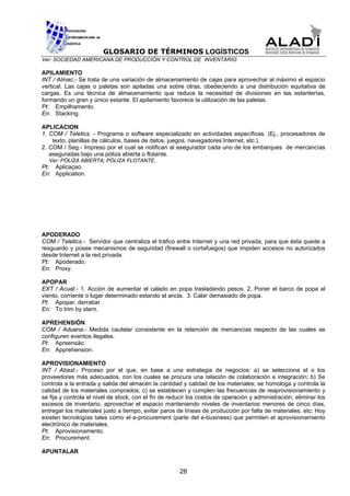 GLOSARIO DE TÉRMINOS LOGÍSTICOS
Ver: SOCIEDAD AMERICANA DE PRODUCCIÓN Y CONTROL DE INVENTARIO

APILAMIENTO
INT / Almac.- Se trata de una variación de almacenamiento de cajas para aprovechar al máximo el espacio
vertical. Las cajas o paletas son apiladas una sobre otras, obedeciendo a una distribución equitativa de
cargas. Es una técnica de almacenamiento que reduce la necesidad de divisiones en las estanterías,
formando un gran y único estante. El apilamiento favorece la utilización de las paletas.
Pt: Empilhamento.
En: Stacking.

APLICACION
1. COM / Teletics. - Programa o software especializado en actividades específicas. (Ej., procesadores de
    texto, planillas de cálculos, bases de datos, juegos, navegadores Internet, etc.).
2. COM / Seg.- Impreso por el cual se notifican al asegurador cada uno de los embarques de mercancías
   aseguradas bajo una póliza abierta o flotante.
  Ver: PÓLIZA ABIERTA; PÓLIZA FLOTANTE.
Pt: Aplicaçao.
En: Application.




APODERADO
COM / Teletics.- Servidor que centraliza el tráfico entre Internet y una red privada, para que ésta quede a
resguardo y posee mecanismos de seguridad (firewall o cortafuegos) que impiden accesos no autorizados
desde Internet a la red privada.
Pt: Apoderado.
En: Proxy.

APOPAR
EXT / Acuat.- 1. Acción de aumentar el calado en popa trasladando pesos. 2. Poner el barco de popa al
viento, corriente o lugar determinado estando al ancla. 3. Calar demasiado de popa.
Pt: Apopar, derrabar.
En: To trim by stern.

APREHENSIÓN
COM / Aduana.- Medida cautelar consistente en la retención de mercancías respecto de las cuales se
configuren eventos ilegales.
Pt: Apreensäo
En: Apprehension.

APROVISIONAMIENTO
INT / Abast.- Proceso por el que, en base a una estrategia de negocios: a) se selecciona el o los
proveedores más adecuados, con los cuales se procura una relación de colaboración e integración; b) Se
controla a la entrada y salida del almacén la cantidad y calidad de los materiales; se homologa y controla la
calidad de los materiales comprados; c) se establecen y cumplen las frecuencias de reaprovisionamiento y
se fija y controla el nivel de stock, con el fin de reducir los costos de operación y administración, eliminar los
excesos de inventario, aprovechar el espacio manteniendo niveles de inventarios menores de cinco días,
entregar los materiales justo a tiempo, evitar paros de líneas de producción por falta de materiales, etc; Hoy
existen tecnologías tales como el e-procurement (parte del e-business) que permiten el aprovisionamiento
electrónico de materiales.
Pt: Aprovisionamento.
En: Procurement.

APUNTALAR


                                                       28
 