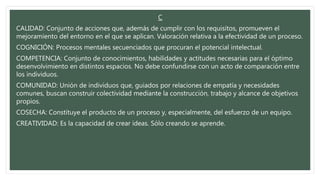 C
CALIDAD: Conjunto de acciones que, además de cumplir con los requisitos, promueven el
mejoramiento del entorno en el que se aplican. Valoración relativa a la efectividad de un proceso.
COGNICIÓN: Procesos mentales secuenciados que procuran el potencial intelectual.
COMPETENCIA: Conjunto de conocimientos, habilidades y actitudes necesarias para el óptimo
desenvolvimiento en distintos espacios. No debe confundirse con un acto de comparación entre
los individuos.
COMUNIDAD: Unión de individuos que, guiados por relaciones de empatía y necesidades
comunes, buscan construir colectividad mediante la construcción, trabajo y alcance de objetivos
propios.
COSECHA: Constituye el producto de un proceso y, especialmente, del esfuerzo de un equipo.
CREATIVIDAD: Es la capacidad de crear ideas. Sólo creando se aprende.
 