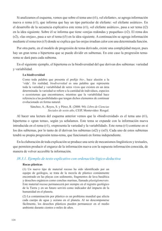 124
Si analizamos el esquema, vemos que sobre el tema uno (t1), «el elefante», se agrega información
nueva o rema (r1), que informa que hay un tipo particular de elefante: «el elefante asiático». En
el desarrollo de la secuencia explicativa este rema (r1), «el elefante asiático», pasa a ser tema (t2)
en la idea siguiente. Sobre él se informa que tiene «orejas redondas y pequeñas» (r2). El rema dos
(r2), «las orejas», pasa a ser el tema (t3) en la idea siguiente. A continuación se agrega información
mediante el rema tres (r3) donde se explica que las orejas irradian calor con una determinada función.
Por otra parte, en el modelo de progresión de tema derivado, existe una complejidad mayor, pues
hay un gran tema o hipertema que se puede dividir en subtemas. En este caso la progresión tema-
rema se dará para cada subtema.
En el siguiente ejemplo, el hipertema es la biodiversidad del que derivan dos subtemas: variedad
y variabilidad.
La biodiversidad
Como toda palabra que presenta el prefijo bio-, hace alusión a la
‘vida’. En realidad, biodiversidad es una palabra que representa
toda la variedad y variabilidad de seres vivos que existen en un área
determinada: la variedad se refiere a la cantidad de individuos, especies
o ecosistemas que encontramos; mientras que la variabilidad hace
referencia a las posibilidades que tengan dichos elementos de continuar
evolucionado en forma natural.
Sánchez, A.; Reyes, S. y Pérez, R. (2008: 94): Libro de Ciencias
Sociales de sexto año, CEIP, Montevideo: Rosgal.
Al hacer una lectura del esquema anterior vemos que la «biodiversidad» es el tema uno (t1),
hipertema o «gran tema», según ya señalamos. Este tema se expande con la información nueva
introducida en el rema (r1), «representa la variedad y la variabilidad». Este rema (r1) contiene en sí
los dos subtemas, por lo tanto de él derivan los subtemas (st2) y (st3). Cada uno de estos subtemas
tendrá su propia progresión tema-rema, que funcionará en forma independiente.
En la elaboración de toda explicación se produce una serie de mecanismos lingüísticos y textuales,
que permiten producir el engarce de la información nueva con la supuesta información conocida, de
manera de volver accesible la información.
38.3.1. Ejemplo de texto explicativo con ordenación lógico-deductiva
Rocas plásticas
(1) Un nuevo tipo de material rocoso ha sido identificado por un
equipo de geólogos, se trata de la mezcla de plástico comúnmente
encontrado en las playas con sedimento, fragmentos de lava basáltica
y desechos orgánicos como conchas marinas, llamado plastiglomerato.
Este material rocoso permanecerá por siempre en el registro geológico
de la Tierra y en un futuro servirá como indicador del impacto de la
humanidad en el planeta.
(2) La contaminación por plástico es un problema mundial que afecta
cada cuerpo de agua y océano en el planeta. Al no descomponerse
fácilmente, los desechos plásticos pueden permanecer en el medio
ambiente durante cientos o miles de años.
 