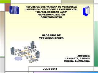 REPUBLICA BOLIVARIANA DE VENEZUELA
UNIVERSIDAD PEDAGOGICA EXPERIMENTAL
“ RAFAEL ESCOBAR LARA”
PROFESIONALIZACIÓN
CONVENIO-IUTAR
GLOSARIO DE
TERMINOS REDES
AUTORES:
LANDAETA, CARLOS
MOLINA, LUZMARINA
JULIO 2013
 
