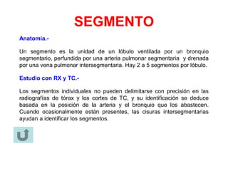 SEGMENTO
Anatomía.-
Un segmento es la unidad de un lóbulo ventilada por un bronquio
segmentario, perfundida por una arteria pulmonar segmentaria y drenada
por una vena pulmonar intersegmentaria. Hay 2 a 5 segmentos por lóbulo.
Estudio con RX y TC.-
Los segmentos individuales no pueden delimitarse con precisión en las
radiografías de tórax y los cortes de TC, y su identificación se deduce
basada en la posición de la arteria y el bronquio que los abastecen.
Cuando ocasionalmente están presentes, las cisuras intersegmentarias
ayudan a identificar los segmentos.
 