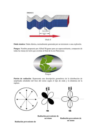 Onda S
Onda sísmica: Onda elástica, normalmente generada por un terremoto o una explosión.
Pangea: Nombre propuesto por Alfred Wegener para un supercontinente, compuesto de
todas las masas de tierra que existían al final de la era Paleozoica.
Pangea
Patrón de radiación: Representa una descripción geométrica de la distribución de
amplitudes alrededor del foco del sismo según el tipo de onda y la dinámica de la
ruptura
Radiación proveniente de
Radiación proveniente de
un sismo Radiación proveniente de
un sismo
 