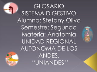 GLOSARIO
SISTEMA DIGESTIVO.
Alumna: Stefany Olivo
Semestre: Segundo
Materia: Anatomía
UNIDAD REGIONAL
AUTONOMA DE LOS
ANDES.
‘‘UNIANDES’’
 