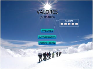 VALORES (GLOSARIO) PAGINAS VALORES INTEGRANTES 1 2 3 4 5 CONCLUSION 