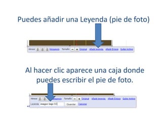 Puedes añadir una Leyenda (pie de foto)

Al hacer clic aparece una caja donde
puedes escribir el pie de foto.

 