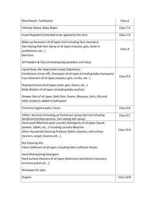 Mouthwash, Toothpaste Class 6
Intimate Wipes; Baby Wipes Class 7 A
Insect Repellent (intended to be applied to the skin) Class 7 B
Make-up Removers of all types (not including face cleansers)
Hair Styling Aids Non-Spray of all types (mousse, gels, leave-in
conditioners etc...)
Nail Care
All Powders & Talcs (including baby powders and talcs)
Class 8
Liquid Soap, Bar Soap (toilet soap); Depilatory;
Conditioner (rinse-off), Shampoos of all types (including baby shampoos)
Face Cleansers of all types (washes, gels, scrubs, etc…)
Shaving Creams of all types (stick, gels, foams, etc…)
Body Washes of all types (including baby washes)
Shower Gels of all types; Bath Gels, Foams, Mousses, Salts, Oils and
other products added to bathwater
Class 9.A
Feminine hygiene pads / liners Class 9.B
‘Other’ Aerosols (including air fresheners sprays but not including
deodorant/antiperspirants, hair styling aids spray)
Class 9.C
Hand wash/Machine wash Laundry Detergents of all types (liquid,
powder, tablet, etc…) including Laundry Bleaches
Other Household Cleaning Products (fabric cleaners, soft surface
cleaners, carpet cleaners etc…)
Dry Cleaning Kits
Fabric Softeners of all types including fabric softener sheets
Hand Dishwashing Detergent.
Hard Surface Cleaners of all types (bathroom and kitchen cleansers,
furniture polish etc...)
Shampoos for pets
Class 10.A
Diapers Class 10.B
 