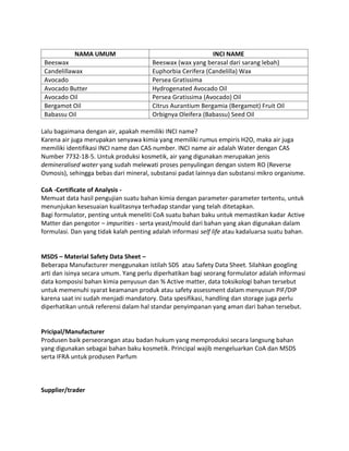 NAMA UMUM INCI NAME
Beeswax Beeswax (wax yang berasal dari sarang lebah)
Candelillawax Euphorbia Cerifera (Candelilla) Wax
Avocado Persea Gratissima
Avocado Butter Hydrogenated Avocado Oil
Avocado Oil Persea Gratissima (Avocado) Oil
Bergamot Oil Citrus Aurantium Bergamia (Bergamot) Fruit Oil
Babassu Oil Orbignya Oleifera (Babassu) Seed Oil
Lalu bagaimana dengan air, apakah memiliki INCI name?
Karena air juga merupakan senyawa kimia yang memiliki rumus empiris H2O, maka air juga
memiliki identifikasi INCI name dan CAS number. INCI name air adalah Water dengan CAS
Number 7732-18-5. Untuk produksi kosmetik, air yang digunakan merupakan jenis
demineralised water yang sudah melewati proses penyulingan dengan sistem RO (Reverse
Osmosis), sehingga bebas dari mineral, substansi padat lainnya dan substansi mikro organisme.
CoA -Certificate of Analysis -
Memuat data hasil pengujian suatu bahan kimia dengan parameter-parameter tertentu, untuk
menunjukan kesesuaian kualitasnya terhadap standar yang telah ditetapkan.
Bagi formulator, penting untuk meneliti CoA suatu bahan baku untuk memastikan kadar Active
Matter dan pengotor – impurities - serta yeast/mould dari bahan yang akan digunakan dalam
formulasi. Dan yang tidak kalah penting adalah informasi self life atau kadaluarsa suatu bahan.
MSDS – Material Safety Data Sheet –
Beberapa Manufacturer menggunakan istilah SDS atau Safety Data Sheet. Silahkan googling
arti dan isinya secara umum. Yang perlu diperhatikan bagi seorang formulator adalah informasi
data komposisi bahan kimia penyusun dan % Active matter, data toksikologi bahan tersebut
untuk memenuhi syarat keamanan produk atau safety assessment dalam menyusun PIF/DIP
karena saat ini sudah menjadi mandatory. Data spesifikasi, handling dan storage juga perlu
diperhatikan untuk referensi dalam hal standar penyimpanan yang aman dari bahan tersebut.
Pricipal/Manufacturer
Produsen baik perseorangan atau badan hukum yang memproduksi secara langsung bahan
yang digunakan sebagai bahan baku kosmetik. Principal wajib mengeluarkan CoA dan MSDS
serta IFRA untuk produsen Parfum
Supplier/trader
 