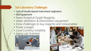 • Lack of locally based instrument engineers
• Old Equipment
• Need Analytical Grade Reagents,
• Water distillation & Deionization equipment
• Forex challenges to buy reagents and consumables
• Power outages
• Local Currency instability
• Aging Lab Scientists
 