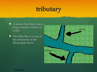 tributary

 A stream that flows into a
  larger stream or body of
  water.

 The Ohio River is one of
  the tributaries of the
  Mississippi River.




    By Oliver
 
