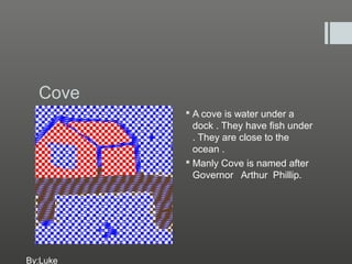 Cove
           A cove is water under a
            dock . They have fish under
            . They are close to the
            ocean .
           Manly Cove is named after
            Governor Arthur Phillip.




By:Luke
 