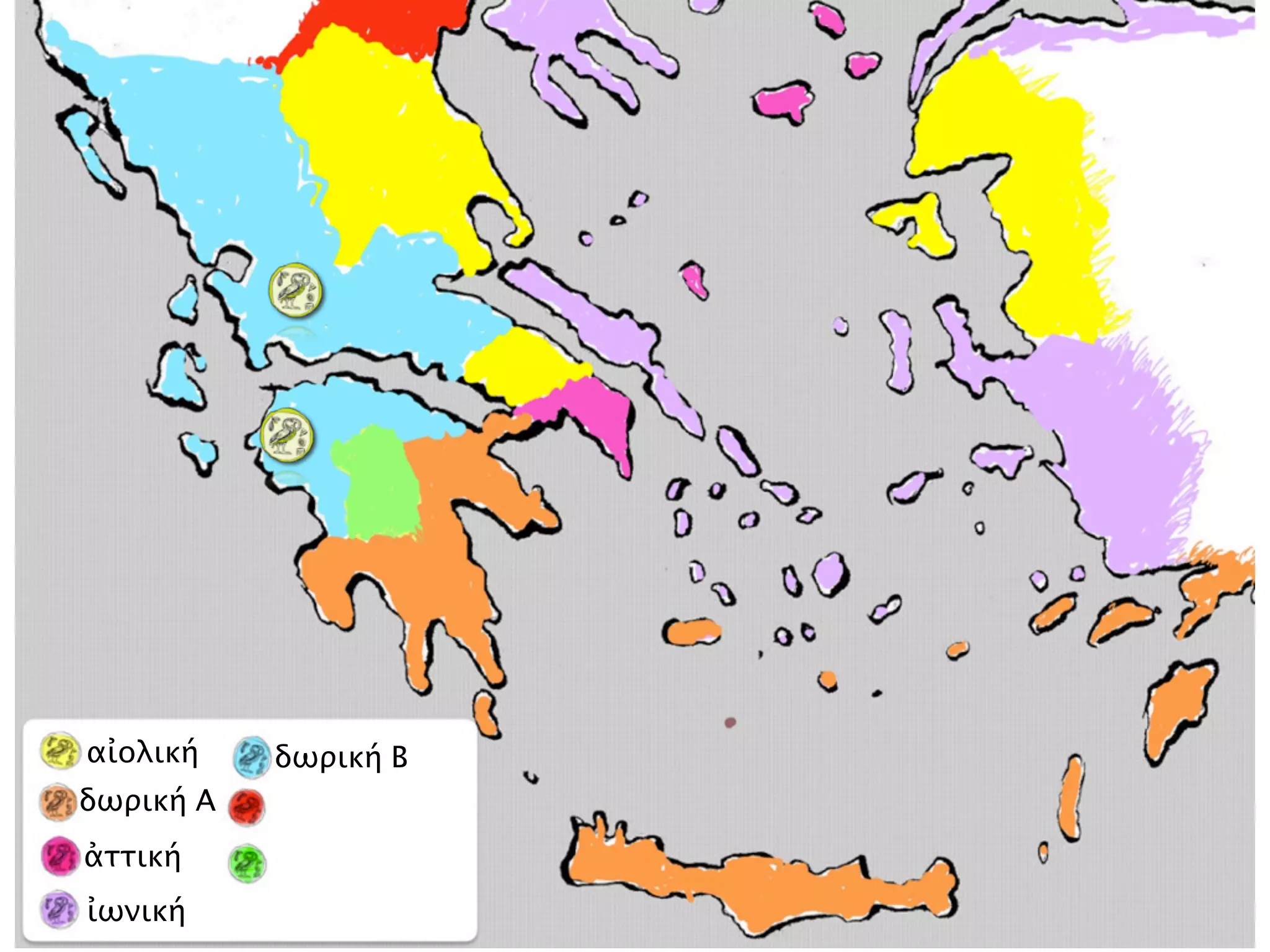 ἰωνική
αἰολική
ἀττική
δωρική Α
δωρική Β
 