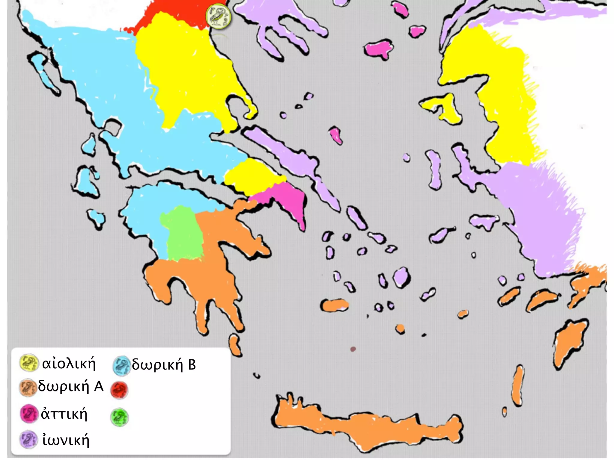 ἰωνική
αἰολική
ἀττική
δωρική Α
δωρική Β
 