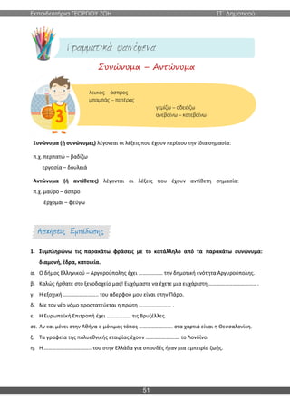 Εκπαιδευτήρια ΓΕΩΡΓΙΟΥ ΖΩΗ ΣΤ΄ Δημοτικού
51
Συνώνυμα – Αντώνυμα
Συνώνυμα (ή συνώνυμες) λέγονται οι λέξεις που έχουν περίπου την ίδια σημασία:
π.χ. περπατώ – βαδίζω
εργασία – δουλειά
Αντώνυμα (ή αντίθετες) λέγονται οι λέξεις που έχουν αντίθετη σημασία:
π.χ. μαύρο – άσπρο
έρχομαι – φεύγω
1. Συμπληρώνω τις παρακάτω φράσεις με το κατάλληλο από τα παρακάτω συνώνυμα:
διαμονή, έδρα, κατοικία.
α. Ο δήμος Ελληνικού – Αργυρούπολης έχει ……………… την δημοτική ενότητα Αργυρούπολης.
β. Καλώς ήρθατε στο ξενοδοχείο μας! Ευχόμαστε να έχετε μια ευχάριστη …………………………….. .
γ. Η εξοχική …………………….. του αδερφού μου είναι στην Πάρο.
δ. Με τον νέο νόμο προστατεύεται η πρώτη …………………… .
ε. Η Ευρωπαϊκή Επιτροπή έχει ……………… τις Βρυξέλλες.
στ. Αν και μένει στην Αθήνα ο μόνιμος τόπος ……………………. στα χαρτιά είναι η Θεσσαλονίκη.
ζ. Τα γραφεία της πολυεθνικής εταιρίας έχουν ……………………. το Λονδίνο.
η. Η …………………………….. του στην Ελλάδα για σπουδές ήταν μια εμπειρία ζωής.
λευκός – άσπρος
μπαμπάς – πατέρας
γεμίζω – αδειάζω
ανεβαίνω – κατεβαίνω
 
