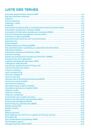 LISTE DES TERMES
Automate programmable industriel (API) .......................................................................................p.4
Big data (données massives) ..........................................................................................................p.4
Capteurs............................................................................................................................................p.4
Cloud computing...............................................................................................................................p.4
Cobotique, cobot..............................................................................................................................p.4
Code ISO...........................................................................................................................................p.5
Commande Numérique (CN) ou Computerized Numerical Control (CNC).....................................p.5
Conception assistée par ordinateur (CAO).....................................................................................p.5
Conception et Fabrication assistée par ordinateur (CFAO)...........................................................p.5
Concurrent Engineering (ingénierie concourante).........................................................................p.5
Contrôle non destructif (CND)..........................................................................................................p.5
Conventionnelle (machine-outil conventionnelle)..........................................................................p.5
Cybersécurité....................................................................................................................................p.5
Ecoconception..................................................................................................................................p.6
Enterprise Resource Planning (ERP)...............................................................................................p.6
Fab Lab (Fabrication Laboratory ou Laboratoire de fabrication)...............................................p.6
Fabrication additive..........................................................................................................................p.6
Fabrication Assistée par Ordinateur (FAO)......................................................................................p.6
Gamme d’usinage.............................................................................................................................p.7
Gestion de la Production Assistée par Ordinateur (GPAO)............................................................p.7
Infrastructures de 5e
génération......................................................................................................p.7
Ingénierie Assistée par Ordinateur (IAO).........................................................................................p.7
Intelligence artificielle (IA)................................................................................................................p.7
Internet des objets (Internet of Things, IoT)....................................................................................p.7
Internet industriel des objets...........................................................................................................p.7
Jumeau numérique........................................................................................................................... p.8
Lean manufacturing........................................................................................................................ p.8
Machine intelligente.........................................................................................................................p.9
Machine learning..............................................................................................................................p.9
Machine-Outil à Commande Numérique (MOCN)............................................................................p.9
Machine-to-machine (M2M)...............................................................................................................p.9
Maintenance prédictive....................................................................................................................p.9
Manufacturing as a Service (MaaS).................................................................................................p.9
Manufacturing Execution System (MES)........................................................................................ p.10
Matériaux actifs............................................................................................................................... p.10
Matériaux avancés.......................................................................................................................... p.10
Matériaux composites..................................................................................................................... p.10
Numérisation de la chaîne de valeur............................................................................................ p.10
Product and Manufacturing Information (PMI)............................................................................... p.11
Product Life Management (PLM)..................................................................................................... p.11
Radio Frequency Identification (RFID)........................................................................................... p.11
Réalité augmentée......................................................................................................................... p.12
Réalité virtuelle............................................................................................................................... p.12
Robot............................................................................................................................................... p.12
Robot autonome............................................................................................................................. p.12
Saas (Software as a Service ou Logiciel en tant que service).................................................... p.13
Simulation 3D.................................................................................................................................. p.13
Taux de Rendement Synthétique (TRS)........................................................................................ p.13
Technologies propres..................................................................................................................... p.13
Usinage à grande vitesse (UGV).................................................................................................... p.13
 