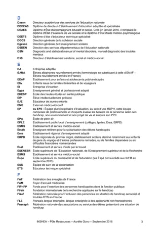 INSHEA – Pôle Ressources – Aurélie Gono – Septembre 2018 3
D
Dasen Directeur académique des services de l’éducation nationale
DDEEAS Diplôme de directeur d’établissement d’éducation adaptée et spécialisée
DEAES Diplôme d'État d'accompagnant éducatif et social. Créé en janvier 2016, il remplace le
diplôme d'État d'auxiliaire de vie sociale et le diplôme d'État d'aide médico-psychologique
DEETS Diplôme d’état d’éducateur technique spécialisé
DGCS Direction générale de la cohésion sociale
Dgesco Direction générale de l’enseignement scolaire
DSDEN Direction des services départementaux de l’éducation nationale
DSM Diagnostic and statistical manual of mental disorders, manuel diagnostic des troubles
mentaux
D3S Directeur d’établissement sanitaire, social et médico-social
E
EA Entreprise adaptée
EANA Élèves allophones nouvellement arrivés (terminologie se substituant à celle d’ENAF –
Élèves nouvellement arrivés en France)
EEAP Établissement pour enfants et adolescents polyhandicapés
Efiv Enfants issus de familles itinérantes et de voyageurs
EI Entreprise d’insertion
Egpa Enseignement général et professionnel adapté
EHESP École des hautes études en santé publique
EIP Élève intellectuellement précoce
EJE Éducateur de jeunes enfants
EME Externat médico-éducatif
EP ou EPE : Équipe pluridisciplinaire d’évaluation, au sein d’une MDPH, cette équipe
composée de professionnels et d’experts évalue les besoins de la personne selon son
handicap, son environnement et son projet de vie et élabore son PPC
EPA École de plein air
EPLE Établissement public local d’enseignement (collèges, lycées, Erea, ERPD)
ESMS Établissement et service médico-social
Erseh Enseignant référent pour la scolarisation des élèves handicapés
Erea Établissement régional d’enseignement adapté
ERPD École régionale du premier degré, établissement scolaire destiné notamment aux enfants
de gens du voyage et d’autres professions nomades, ou de familles dispersées ou en
difficultés financières momentanées
Esat Établissement et service d’aide par le travail
ESENESR École supérieure de l’Éducation nationale, de l’Enseignement supérieur et de la Recherche
ESMS Établissement et service médico-social
Éspé École supérieure du professorat et de l’éducation (les Éspé ont succédé aux IUFM en
septembre 2013)
ESS Équipe de suivi de la scolarisation
ETS Éducateur technique spécialisé
F
FAF Fédération des aveugles de France
FAM Foyer d'accueil médicalisé
FIPHFP Fonds pour l’insertion des personnes handicapées dans la fonction publique
Firah Fondation internationale de la recherche appliquée sur le handicap
Fisaf Fédération nationale pour l’inclusion des personnes en situation de handicap sensoriel et
troubles DYS en France
FLE Français langue étrangère, langue enseignée à des apprenants non francophones
Fnaseph Fédération nationale des associations au service des élèves présentant une situation de
handicap
 