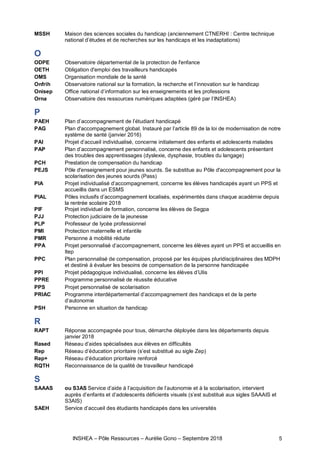 INSHEA – Pôle Ressources – Aurélie Gono – Septembre 2018 5
MSSH Maison des sciences sociales du handicap (anciennement CTNERHI : Centre technique
national d’études et de recherches sur les handicaps et les inadaptations)
O
ODPE Observatoire départemental de la protection de l'enfance
OETH Obligation d'emploi des travailleurs handicapés
OMS Organisation mondiale de la santé
Onfrih Observatoire national sur la formation, la recherche et l’innovation sur le handicap
Onisep Office national d’information sur les enseignements et les professions
Orna Observatoire des ressources numériques adaptées (géré par l’INSHEA)
P
PAEH Plan d’accompagnement de l’étudiant handicapé
PAG Plan d'accompagnement global. Instauré par l’article 89 de la loi de modernisation de notre
système de santé (janvier 2016)
PAI Projet d’accueil individualisé, concerne initialement des enfants et adolescents malades
PAP Plan d’accompagnement personnalisé, concerne des enfants et adolescents présentant
des troubles des apprentissages (dyslexie, dysphasie, troubles du langage)
PCH Prestation de compensation du handicap
PEJS Pôle d'enseignement pour jeunes sourds. Se substitue au Pôle d'accompagnement pour la
scolarisation des jeunes sourds (Pass)
PIA Projet individualisé d’accompagnement, concerne les élèves handicapés ayant un PPS et
accueillis dans un ESMS
PIAL Pôles inclusifs d’accompagnement localisés, expérimentés dans chaque académie depuis
la rentrée scolaire 2018
PIF Projet individuel de formation, concerne les élèves de Segpa
PJJ Protection judiciaire de la jeunesse
PLP Professeur de lycée professionnel
PMI Protection maternelle et infantile
PMR Personne à mobilité réduite
PPA Projet personnalisé d’accompagnement, concerne les élèves ayant un PPS et accueillis en
Itep
PPC Plan personnalisé de compensation, proposé par les équipes pluridisciplinaires des MDPH
et destiné à évaluer les besoins de compensation de la personne handicapée
PPI Projet pédagogique individualisé, concerne les élèves d’Ulis
PPRE  Programme personnalisé de réussite éducative
PPS Projet personnalisé de scolarisation
PRIAC Programme interdépartemental d’accompagnement des handicaps et de la perte
d’autonomie
PSH Personne en situation de handicap
R
RAPT Réponse accompagnée pour tous, démarche déployée dans les départements depuis
janvier 2018
Rased Réseau d’aides spécialisées aux élèves en difficultés
Rep Réseau d’éducation prioritaire (s’est substitué au sigle Zep)
Rep+ Réseau d’éducation prioritaire renforcé
RQTH Reconnaissance de la qualité de travailleur handicapé
S
SAAAS ou S3AS Service d’aide à l’acquisition de l’autonomie et à la scolarisation, intervient
auprès d’enfants et d’adolescents déﬁcients visuels (s’est substitué aux sigles SAAAIS et
S3AIS)
SAEH Service d’accueil des étudiants handicapés dans les universités
 