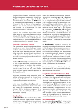 FINANZMARKT- UND EUROKRISE VON A BIS Z



                                 rungsunion soll dazu dienen, „Staatspleiten“ aufgrund       higkeit. Nicht beteiligt sind Großbritannien, Schweden,
                                 der Überschuldung der Staatshaushalte einzelner Mit-        Tschechien und Ungarn. Der Euro-Plus Pakt schlägt
                                 gliedsländer und deren negative Folgen für die Ge-          Maßnahmen zur wirtschaftspolitischen Koordinierung
                                 meinschaftswährung abzuwenden. Die EFSF ﬁrmiert             vor, um eine größere Konvergenz der Volkswirtschaften
                                 als Aktiengesellschaft, Anteilseigner sind die Länder der   in der Eurozone zu erreichen und nennt folgende Ziele:
                                 Eurozone. Die EFSF soll über von ihr herausgegebene         Wettbewerbsfähigkeit und Beschäftigung fördern sowie
                                 Anleihen – also de facto gemeinsame Staatsanleihen          Finanzstabilität und die langfristige Tragfähigkeit der
                                 aller Euroländer – bis zu 440 Milliarden Euro in den        öffentlichen Finanzen stärken, aber u.a. auch Erhöhung
                                 ersten Euro-Rettungsschirm einbringen.                      des Pensionsalters. Der Euro-Plus Pakt verpﬂichtet
                                                                                             die beigetretenen Staaten zur Erreichung von Zielen,
                                 Diese von allen Euroländern abgesicherten Anleihen          allerdings nicht mehr zu konkreten Maßnahmen. Der
                                 haben derzeit das Rating AAA – die Bestnote. Um die         Schwerpunkt des Paktes liegt vor allem auf Bereichen,
                                 Schlagkraft für den EFSF zu erhöhen, soll seine Wir-        die in die einzelstaatliche Zuständigkeit fallen. Die Eu-
                                 kung entsprechend eines Beschlusses des Europäischen        roländer werden Fortschritte in diesem Pakt anhand ob-
                                 Rates vom Oktober 2011 durch weitere Kredithebel auf        jektiver Indikatoren – zum Beispiel der Lohnstückkosten
                                 mindestens eine Billion Euro vervielfacht werden.           messen.

                                 Eurobonds – Europäische Anleihen                            Der Euro-Plus-Pakt ergänzt die Abstimmung der
                                 Über Staatsanleihen nehmen Staaten Kredite am Kapi-         nationalen Haushaltsplanung (europäisches Semester)
                                 talmarkt auf, um so ihre Neuverschuldung zu ﬁnanzie-        und den Europäischen Stabilisierungsmechanismus (>>
                                 ren. Dafür zahlen sie einen bestimmten Zinssatz. Staa-      ESM), der ab 2013 als permanenter Krisenmechanis-
                                 ten mit guter Bonität, wie Deutschland oder Österreich      mus zukünftige Haushaltskrisen von Mitgliedstaaten
                                 zahlen einen relativ geringen Zinssatz, bei Volkswirt-      der Eurozone verhindern soll, sowie die im Rahmen
                                 schaften, die in den Fokus der Finanzmärkte geraten,        des sogenannten „Sixpack“, die vereinbarte Verschär-
                                 steigen die Zinsen dagegen gerade in Krisensituationen      fung des Stabilitäts- und Wachstumspakts (>>Sixpack).
                                 teilweise enorm an.                                         Während der Europäische Stabilisierungsmechanismus
                                                                                             in den EU-Verträgen festgelegt ist (>>Stabilitäts- und
                                 Der Begriff Eurobonds (Europäische Anleihen) steht          Wachstumspakt), basiert der Euro-Plus-Pakt auf frei-
                                 für das Konzept gemeinsamer Staatsanleihen vieler           williger Zusammenarbeit der Mitgliedstaaten.
                                 europäischer Staaten im Euro-Raum. Die Grundidee
                                 ist die, dass die Eurozone – im Gegensatz zur gegen-        Das bedeutet auch, dass es direkte Beteiligung natio-
                                 wärtigen Situation, in der jedes Land eigene Anleihen       naler Parlamente und keine Beschwerdemöglichkeit ge-
                                 begibt - als Ganze Anleihen auﬂegt und gemeinsam für        genüber nationalen Gerichten gibt.
                                 die Rückzahlung haftet.
                                                                                             Europäischer Stabilitätsmechanismus (ESM)
                                 Würde eine Gruppe von Staaten gemeinsame Staats-            Der    Europäische        Stabilitäts-Mechanismus
                                 anleihen aufnehmen, würde sich der Zinssatz für die         (ESM) ist eine Unterstützungsregelung der Mitgliedstaa-
                                 Länder mit guter Bonität kaum verteuern, für die wirt-      ten der Eurozone zur Stabilisierung der Europäischen
                                 schaftlich schwächeren aber deutlich senken.                Wirtschafts- und Währungsunion, zur Abwendung von
                                                                                             „Staatspleiten“ und deren negativen Folgen für die Ge-
                                 Mittels solcher Europäischer Anleihen würde man             meinschaftswährung. ESM steht im Zusammenhang
                                 die Spekulation gegen einzelne Staaten besser verhin-       mit der „Eurokrise“ sowohl für den ersten als auch den
                                 dern können, und Peripherieländern den Zugang zu            zweiten, dauerhaften „Euro-Rettungsschirm“ (>> Euro-
                                 „frischem“ Geld zu Konditionen ermöglichen, die es          Rettungsschirm). Mit dem Stabilitätsmechanismus sollen
                                 ihnen realistisch auch ermöglicht, die aufgebaute Schul-    im gegenseitigen Einvernehmen der Euro-Länder und
                                 denlast tragen zu können.                                   unter deﬁnierten Auﬂagen zahlungsunfähige Mitglied-
                                                                                             staaten der Eurozone ﬁnanziell mit Krediten der Ge-
                                 Euro-Plus-Pakt                                              meinschaft der Euro-Staaten unterstützt werden.
                                 Der Euro-Plus-Pakt ist ein im Mai 2011 von 17 EU-
                                 Regierungen (Eurozone sowie Bulgarien, Dänemark,            Euro-Rettungsschirm
                                 Lettland, Litauen, Polen und Rumänien) verabschiedetes      Der erste „Euro-Rettungsschirm“ wurde im Mai
                                 Maßnahmenpaket zur Erhöhung der Wettbewerbsfä-              2010 als „Europäischer Stabilisierungsmecha-


      Seite 6


eki_glossar_finanzkrise_A4_4c_ped_.indd 6                                                                                                           22.11.2011 14:28:14
 
