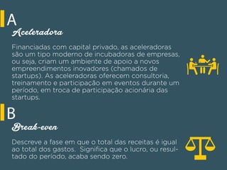 A
B
Aceleradora
Financiadas com capital privado, as aceleradoras
são um tipo moderno de incubadoras de empresas,
ou seja, criam um ambiente de apoio a novos
empreendimentos inovadores (chamados de
startups). As aceleradoras oferecem consultoria,
treinamento e participação em eventos durante um
período, em troca de participação acionária das
startups.
Break-even
Descreve a fase em que o total das receitas é igual
ao total dos gastos. Signiﬁca que o lucro, ou resul-
tado do período, acaba sendo zero.
 