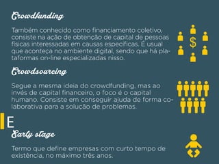 Crowdfunding
Também conhecido como ﬁnanciamento coletivo,
consiste na ação de obtenção de capital de pessoas
físicas interessadas em causas especíﬁcas. É usual
que aconteça no ambiente digital, sendo que há pla-
taformas on-line especializadas nisso.
Crowdsourcing
Segue a mesma ideia do crowdfunding, mas ao
invés de capital ﬁnanceiro, o foco é o capital
humano. Consiste em conseguir ajuda de forma co-
laborativa para a solução de problemas.
E
Early stage
Termo que deﬁne empresas com curto tempo de
existência, no máximo três anos.
$
 