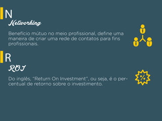 N
Networking
Benefício mútuo no meio proﬁssional, deﬁne uma
maneira de criar uma rede de contatos para ﬁns
proﬁssionais.
R
ROI
Do inglês, “Return On Investment”, ou seja, é o per-
centual de retorno sobre o investimento.
 
