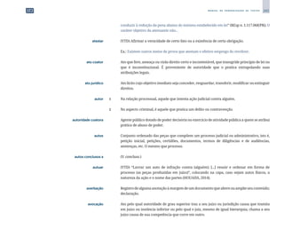 243
M A N U A L D E P A D R O N I Z A Ç Ã O D E T E X T O S
conduzir à redução da pena abaixo do mínimo estabelecido em lei” (REsp n. 1.117.068/PR); O
caráter objetivo da atenuante não...
	 atestar	 	 (VTD) Afirmar a veracidade de certo fato ou a existência de certa obrigação.
		
	 Ex.: Existem outros meios de prova que atestam o efetivo emprego do revólver.
	 ato coator	 	 Ato que fere, ameaça ou viola direito certo e incontestável, que transgride princípio de lei ou
que é inconstitucional. É proveniente de autoridade que o pratica extrapolando suas
atribuições legais.
	 ato jurídico	 	 Ato lícito cujo objetivo imediato seja conceder, resguardar, transferir, modificar ou extinguir
direitos.
	 autor	 1 	 Na relação processual, aquele que intenta ação judicial contra alguém.
		
2 	 No aspecto criminal, é aquele que pratica um delito ou contravenção.
	 autoridade coatora	 	 Agente público dotado de poder decisório no exercício de atividade pública a quem se atribui
prática de abuso de poder.
	 autos	 	 Conjunto ordenado das peças que compõem um processo judicial ou administrativo, isto é,
petição inicial, petições, certidões, documentos, termos de diligências e de audiências,
sentenças, etc. O mesmo que processo.
	 autos conclusos a	 	 (V. concluso.)
	 autuar	 	 (VTD) “Lavrar um auto de infração contra (alguém); [...] reunir e ordenar em forma de
processo (as peças produzidas em juízo)”, colocando na capa, caso sejam autos físicos, a
natureza da ação e o nome das partes (HOUAISS, 2014).
	 averbação	 	 Registrodealgumaanotaçãoàmargemdeumdocumentoquealtereouamplieseuconteúdo;
declaração.
	 avocação	 	 Ato pelo qual autoridade de grau superior traz a seu juízo ou jurisdição causa que tramita
em juízo ou instância inferior ou pelo qual o juiz, mesmo de igual hierarquia, chama a seu
juízo causa de sua competência que corre em outro.
 
