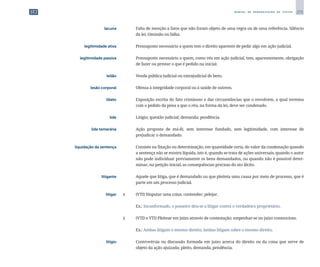 273
M A N U A L D E P A D R O N I Z A Ç Ã O D E T E X T O S
	 lacuna	 	 Falta de menção a fatos que não foram objeto de uma regra ou de uma referência. Silêncio
da lei. Omissão ou falha.
	 legitimidade ativa	 	 Pressuposto necessário a quem tem o direito aparente de pedir algo em ação judicial.
	 legitimidade passiva	 	 Pressuposto necessário a quem, como réu em ação judicial, tem, aparentemente, obrigação
de fazer ou prestar o que é pedido na inicial.
	 leilão	 	 Venda pública judicial ou extrajudicial de bens.
	 lesão corporal	 	 Ofensa à integridade corporal ou à saúde de outrem.
	 libelo	 	 Exposição escrita do fato criminoso e das circunstâncias que o envolvem, a qual termina
com o pedido da pena a que o réu, na forma da lei, deve ser condenado.
	 lide	 	 Litígio; questão judicial; demanda; pendência.
	 lide temerária	 	 Ação proposta de má-fé, sem interesse fundado, sem legitimidade, com interesse de
prejudicar o demandado.
	 liquidação da sentença	 	 Consiste na fixação ou determinação, em quantidade certa, do valor da condenação quando
a sentença não se mostra líquida, isto é, quando se trata de ações universais, quando o autor
não pode individuar previamente os bens demandados, ou quando não é possível deter­
minar, na petição inicial, as consequências precisas do ato ilícito.
	 litigante	 	 Aquele que litiga, que é demandado ou que pleiteia uma causa por meio de processo, que é
parte em um processo judicial.
	 litigar	 1	 (VTI) Disputar uma coisa; contender; pelejar.
		
	 Ex.: Inconformado, o posseiro deu-se a litigar contra o verdadeiro proprietário.
		
2 	 (VTD e VTI) Pleitear em juízo através de contestação; empenhar-se no juízo contencioso.
		
	 Ex.: Ambas litigam o mesmo direito; Ambas litigam sobre o mesmo direito.
	 litígio	 	 Controvérsia ou discussão formada em juízo acerca do direito ou da coisa que serve de
objeto da ação ajuizada; pleito, demanda, pendência.
 