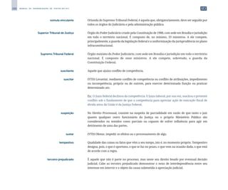 288 M A N U A L D E P A D R O N I Z A Ç Ã O D E T E X T O S D O S T J
	 súmula vinculante	 	 Oriunda do Supremo Tribunal Federal, é aquela que, obrigatoriamente, deve ser seguida por
todos os órgãos do Judiciário e pela administração pública.
	 Superior Tribunal de Justiça	 	 Órgão do Poder Judiciário criado pela Constituição de 1988, com sede em Brasília e jurisdição
em todo o território nacional. É composto de, no mínimo, 33 ministros. A ele compete,
principalmente, a guarda da legislação federal e a uniformização da jurisprudência no plano
infraconstitucional.
	 Supremo Tribunal Federal	 	 Órgão máximo do Poder Judiciário, com sede em Brasília e jurisdição em todo o território
nacional. É composto de onze ministros. A ele compete, sobretudo, a guarda da
Constituição Federal.
	 suscitante	 	 Aquele que ajuíza conflito de competência.
	 suscitar	 	 (VTD) Levantar, mediante conflito de competência ou conflito de atribuições, impedimento
ou incompetência, própria ou de outrem, para exercer determinada função ou praticar
determinado ato.
		
	 Ex.: O Juízo federal declinou da competência. O Juízo laboral, por sua vez, suscitou o presente
conflito sob o fundamento de que a competência para apreciar ação de execução fiscal de
dívida ativa da União é da Justiça Federal.
	 suspeição	 	 No Direito Processual, consiste na suspeita de parcialidade em razão de que tanto o juiz
quanto qualquer outro funcionário da Justiça ou o próprio Ministério Público são
considerados ou temidos como parciais ou capazes de sofrer influência para agir em
detrimento de uma das partes.
	 sustar	 	 (VTD) Obstar, impedir os efeitos ou o processamento de algo.
	 tempestivo	 	 Qualidade das coisas ou fatos que vêm a seu tempo, isto é, no momento próprio. Tempestivo
designa, pois, o que é oportuno, o que se faz no prazo, o que vem na ocasião dada, o que está
de acordo com a regra.
	 terceiro prejudicado	 	 É aquele que não é parte no processo, mas sente seu direito lesado por eventual decisão
judicial. Cabe ao terceiro prejudicado demonstrar o nexo de interdependência entre seu
interesse em intervir e o objeto da causa submetida à apreciação judicial.
 