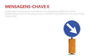 MENSAGENS-CHAVE II
a) Mensagens centrais da marca emitidas por meio de qualquer plataforma ou mídia.
b) Mensagens centrais de uma peça (anúncio, comercial, cartaz, folheto etc.) ou campanha de
comunicação.
 