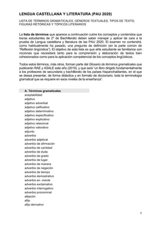 LENGUA CASTELLANA Y LITERATURA (PAU 2020)
LISTA DE TÉRMINOS GRAMATICALES, GÉNEROS TEXTUALES, TIPOS DE TEXTO,
FIGURAS RETÓR...