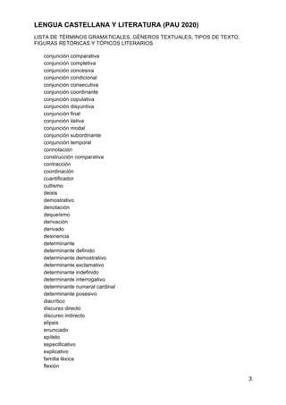 LENGUA CASTELLANA Y LITERATURA (PAU 2020)
LISTA DE TÉRMINOS GRAMATICALES, GÉNEROS TEXTUALES, TIPOS DE TEXTO,
FIGURAS RETÓR...