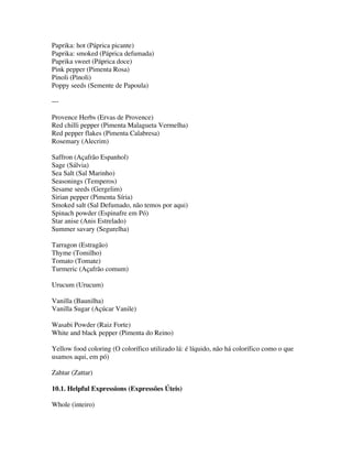 Paprika: hot (Páprica picante)
Paprika: smoked (Páprica defumada)
Paprika sweet (Páprica doce)
Pink pepper (Pimenta Rosa)
Pinoli (Pinoli)
Poppy seeds (Semente de Papoula)

---

Provence Herbs (Ervas de Provence)
Red chilli pepper (Pimenta Malagueta Vermelha)
Red pepper flakes (Pimenta Calabresa)
Rosemary (Alecrim)

Saffron (Açafrão Espanhol)
Sage (Sálvia)
Sea Salt (Sal Marinho)
Seasonings (Temperos)
Sesame seeds (Gergelim)
Sirian pepper (Pimenta Síria)
Smoked salt (Sal Defumado, não temos por aqui)
Spinach powder (Espinafre em Pó)
Star anise (Anis Estrelado)
Summer savary (Segurelha)

Tarragon (Estragão)
Thyme (Tomilho)
Tomato (Tomate)
Turmeric (Açafrão comum)

Urucum (Urucum)

Vanilla (Baunilha)
Vanilla Sugar (Açúcar Vanile)

Wasabi Powder (Raiz Forte)
White and black pepper (Pimenta do Reino)

Yellow food coloring (O colorífico utilizado lá: é líquido, não há colorífico como o que
usamos aqui, em pó)

Zahtar (Zattar)

10.1. Helpful Expressions (Expressões Úteis)

Whole (inteiro)
 