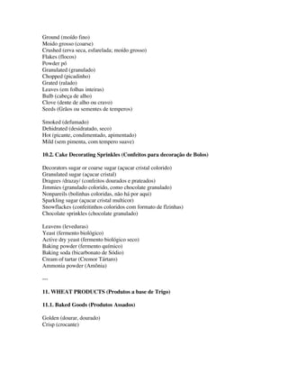 Ground (moído fino)
Moido grosso (coarse)
Crushed (erva seca, esfarelada; moído grosso)
Flakes (flocos)
Powder pó
Granulated (granulado)
Chopped (picadinho)
Grated (ralado)
Leaves (em folhas inteiras)
Bulb (cabeça de alho)
Clove (dente de alho ou cravo)
Seeds (Grãos ou sementes de temperos)

Smoked (defumado)
Dehidrated (desidratado, seco)
Hot (picante, condimentado, apimentado)
Mild (sem pimenta, com tempero suave)

10.2. Cake Decorating Sprinkles (Confeitos para decoração de Bolos)

Decorators sugar or coarse sugar (açucar cristal colorido)
Granulated sugar (açucar cristal)
Dragees /drazay/ (confeitos dourados e prateados)
Jimmies (granulado colorido, como chocolate granulado)
Nonpareils (bolinhas coloridas, não há por aqui)
Sparkling sugar (açucar cristal multicor)
Snowflackes (confeitinhos coloridos com formato de flzinhas)
Chocolate sprinkles (chocolate granulado)

Leavens (leveduras)
Yeast (fermento biológico)
Active dry yeast (fermento biológico seco)
Baking powder (fermento químico)
Baking soda (bicarbonato de Sódio)
Cream of tartar (Cremor Tártaro)
Ammonia powder (Amônia)

---

11. WHEAT PRODUCTS (Produtos a base de Trigo)

11.1. Baked Goods (Produtos Assados)

Golden (dourar, dourado)
Crisp (crocante)
 