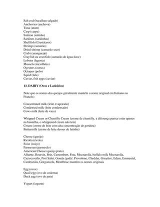 Salt cod (bacalhau salgado)
Anchovies (anchova)
Tuna (atum)
Carp (carpa)
Salmon (salmão)
Sardines (sardinhas)
Shellfish (Crustáceos)
Shrimp (camarão)
Dried shrimp (camarão seco)
Crab (carangueijo)
Crayfish ou crawfish (camarão de água doce)
Lobster (lagosta)
Mussels (mexilhões)
Oyesters (ostras)
Octopus (polvo
Squid (lula)
Caviar, fish eggs (caviar)

13. DAIRY (Ovos e Laticícios)

Note que os nomes dos queijos geralmente mantém o nome original em Italiano ou
Francês)

Concentrated milk (leite evaporado)
Condensed milk (leite condensado)
Cows milk (leite de vaca)

Whipped Cream or Chantilly Cream (creme de chantilly, a diferença parece estar apenas
na baunilha, o whippened cream não tem)
Cream (creme de leite com alta concentração de gordura)
Buttermilk (creme de leite desses de latinha)

Cheese (queijo)
Ricotta (ricota)
Suiss (suiço)
Parmesan (parmesão)
American Cheese (queijo prato)
Alluette, Boursin, Brie, Camembert, Feta, Mozzarella, buffalo milk Mozzarella,
Caciocavallo, Port Salut, Gouda /gudã/, Provolone, Cheddar, Gruyière, Edam, Emmental,
Cambozola, Gorgonzola, Montbriac mantém os nomes originais

Egg (ovos)
Quail egg (ovo de codorna)
Duck egg (ovo de pata)

Yogurt (iogurte)
 