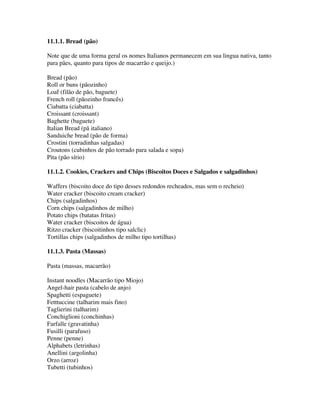 11.1.1. Bread (pão)

Note que de uma forma geral os nomes Italianos permanecem em sua lingua nativa, tanto
para pães, quanto para tipos de macarrão e queijo.)

Bread (pão)
Roll or buns (pãozinho)
Loaf (filão de pão, baguete)
French roll (pãozinho francês)
Ciabatta (ciabatta)
Croissant (croissant)
Baghette (baguete)
Italian Bread (pã italiano)
Sanduiche bread (pão de forma)
Crostini (torradinhas salgadas)
Croutons (cubinhos de pão torrado para salada e sopa)
Pita (pão sírio)

11.1.2. Cookies, Crackers and Chips (Biscoitos Doces e Salgados e salgadinhos)

Waffers (biscoito doce do tipo desses redondos recheados, mas sem o recheio)
Water cracker (biscoito cream cracker)
Chips (salgadinhos)
Corn chips (salgadinhos de milho)
Potato chips (batatas fritas)
Water cracker (biscoitos de água)
Ritzo cracker (biscoitinhos tipo salclic)
Tortillas chips (salgadinhos de milho tipo tortilhas)

11.1.3. Pasta (Massas)

Pasta (massas, macarrão)

Instant noodles (Macarrão tipo Miojo)
Angel-hair pasta (cabelo de anjo)
Spaghetti (espaguete)
Fetttuccine (talharim mais fino)
Taglierini (talharim)
Conchiglioni (conchinhas)
Farfalle (gravatinha)
Fusilli (parafuso)
Penne (penne)
Alphabets (letrinhas)
Anellini (argolinha)
Orzo (arroz)
Tubetti (tubinhos)
 