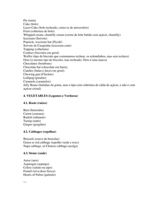Pie (torta)
Cake (bolo)
Layer Cake (bolo recheado, como os de aniversário)
Frost (cobertura de bolo)
Whipped cream, chantilly cream (creme de leite batido com açúcar, chantilly)
Icecream (Sorvete)
Popsicle, icecream bar (Picolé)
Sorvete de Casquinha (icecream cone)
Topping (cobertura)
Cookies (biscoitos em geral)
Waffer (tipo de biscoito que costumamos rechear, os redondinhos, mas sem recheio)
Oreo (o mesmo tipo de biscoito, mas recheado. Oreo é uma marca)
Chocolates (bombons)
Chocolate bar (chocolate em barra)
Candies (balas e doces em geral)
Chewing gun (Chiclete)
Lollipop (pirulito)
Caramels (caramelos)
Jelly Beans (balinhas de goma, mas o tipo com cobertura de calda de açúcar, e não o com
açúcar cristal)

4. VEGETABLES (Legumes e Verduras)

4.1. Roots (raizes)

Beet (beterraba)
Carrot (cenoura)
Radish (rabanete)
Turnip (nabo)
Ginger (gengibre)

4.2. Cabbages (repolhos)

Brussels (couve de bruxelas)
Green or red cabbage (repolho verde e roxo)
Napa cabbage, or Chinese cabbage (acelga)

4.3. Stems (caule)

Anise (anis)
Asparagus (aspargo)
Celery (salsão ou aipo)
Fennel (erva-doce fresca)
Hearts of Palms (palmito)

---
 