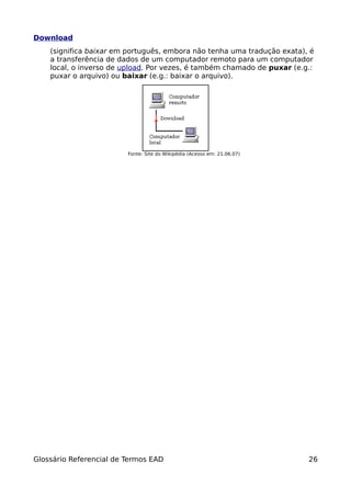 Download
    (significa baixar em português, embora não tenha uma tradução exata), é
    a transferência de dados de um computador remoto para um computador
    local, o inverso de upload. Por vezes, é também chamado de puxar (e.g.:
    puxar o arquivo) ou baixar (e.g.: baixar o arquivo).




                         Fonte: Site do Wikipédia (Acesso em: 21.06.07)




Glossário Referencial de Termos EAD                                       26
 