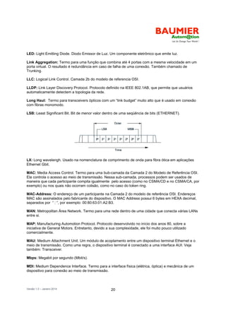 Versão 1.0 – Janeiro 2014 20
LED: Light Emitting Diode. Diodo Emissor de Luz. Um componente eletrônico que emite luz.
Link Aggregation: Termo para uma função que combina até 4 portas com a mesma velocidade em um
porta virtual. O resultado é redundância em caso de falha de uma conexão. Também chamado de
Trunking.
LLC: Logical Link Control. Camada 2b do modelo de referencia OSI.
LLDP: Link Layer Discovery Protocol. Protocolo definido na IEEE 802.1AB, que permite que usuários
automaticamente detectem a topologia da rede.
Long Haul: Termo para transceivers ópticos com um “link budget” muito alto que é usado em conexão
com fibras monomodo.
LSB: Least Significant Bit. Bit de menor valor dentro de uma seqüência de bits (ETHERNET).
LX: Long wavelengh. Usado na nomenclatura de comprimento de onda para fibra ótica em aplicações
Ethernet Gbit.
MAC: Media Access Control. Termo para uma bub-camada da Camada 2 do Modelo de Referência OSI.
Ela controla o acesso ao meio de transmissão. Nessa sub-camada, processos podem ser usados de
maneira que cada participante compita igualmente pelo acesso (como no CSMA/CD e no CSMA/CA, por
exemplo) ou nos quais não ocorram colisão, como no caso do token ring.
MAC-Address: O endereço de um participante na Camada 2 do modelo de referência OSI. Endereços
MAC são assinalados pelo fabricante do dispositivo. O MAC Address possui 6 bytes em HEXA decimal,
separados por “ : “, por exemplo: 00:80:63:01:A2:B3.
MAN: Metropolitan Área Network. Termo para uma rede dentro de uma cidade que conecta várias LANs
entre si.
MAP: Manufacturing Automotion Protocol. Protocolo desenvolvido no início dos anos 80, sobre a
iniciativa de General Motors. Entretanto, devido a sua complexidade, ele foi muito pouco utilizado
comercialmente.
MAU: Medium Attachment Unit. Um módulo de acoplamento entre um dispositivo terminal Ethernet e o
meio de transmissão. Como uma regra, o dispositivo terminal é conectado a uma interface AUI. Veja
também: Transceiver.
Mbps: Megabit por segundo (Mbit/s).
MDI: Medium Dependence Interface. Termo para a interface física (elétrica, óptica) e mecânica de um
dispositivo para conexão ao meio de transmissão.
 