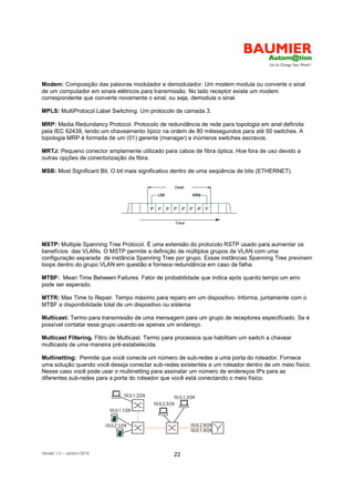 Versão 1.0 – Janeiro 2014 22
Modem: Composição das palavras modulador e demodulador. Um modem modula ou converte o sinal
de um computador em sinais elétricos para transmissão. No lado receptor existe um modem
correspondente que converte novamente o sinal, ou seja, demodula o sinal.
MPLS: MultiProtocol Label Switching. Um protocolo de camada 3.
MRP: Media Redundancy Protocol. Protocolo de redundância de rede para topologia em anel definida
pela IEC 62439, tendo um chaveamento típico na ordem de 80 milissegundos para até 50 switches. A
topologia MRP é formada de um (01) gerente (manager) e inúmeros switches escravos.
MRTJ: Pequeno conector amplamente utilizado para cabos de fibra óptica. Hoe fora de uso devido a
outras opções de conectorização da fibra.
MSB: Most Significant Bit. O bit mais significativo dentro de uma seqüência de bits (ETHERNET).
MSTP: Multiple Spanning Tree Protocol. É uma extensão do protocolo RSTP usado para aumentar os
benefícios das VLANs. O MSTP permite a definição de múltiplos grupos de VLAN com uma
configuração separada de instância Spanning Tree por grupo. Essas instâncias Spanning Tree previnem
loops dentro do grupo VLAN em questão e fornece redundância em caso de falha.
MTBF: Mean Time Between Failures. Fator de probabilidade que indica após quanto tempo um erro
pode ser esperado.
MTTR: Max Time to Repair. Tempo máximo para reparo em um dispositivo. Informa, juntamente com o
MTBF a disponibilidade total de um dispositivo ou sistema
Multicast: Termo para transmissão de uma mensagem para um grupo de receptores especificado. Se é
possível contatar esse grupo usando-se apenas um endereço.
Multicast Filtering. Filtro de Multicast. Termo para processos que habilitam um switch a chavear
multicasts de uma maneira pré-estabelecida.
Multinetting: Permite que você conecte um número de sub-redes a uma porta do roteador. Fornece
uma solução quando você deseja conectar sub-redes existentes a um roteador dentro de um meio físico.
Nesse caso você pode usar o multinetting para assinalar um número de endereços IPs para as
diferentes sub-redes para a porta do roteador que você está conectando o meio físico.
 