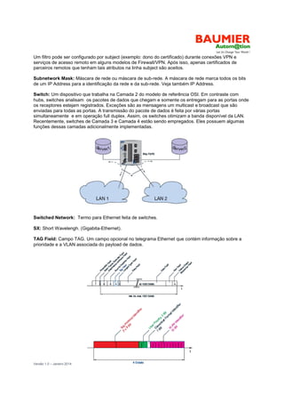 Versão 1.0 – Janeiro 2014 33
Um filtro pode ser configurado por subject (exemplo: dono do certificado) durante conexões VPN e
serviços de acesso remoto em alguns modelos de Firewall/VPN. Após isso, apenas certificados de
parceiros remotos que tenham tais atributos na linha subject são aceitos.
Subnetwork Mask: Máscara de rede ou máscara de sub-rede. A máscara de rede marca todos os bits
de um IP Address para a identificação da rede e da sub-rede. Veja também IP Address.
Switch: Um dispositivo que trabalha na Camada 2 do modelo de referência OSI. Em contraste com
hubs, switches analisam os pacotes de dados que chegam e somente os entregam para as portas onde
os receptores estejam registrados. Exceções são as mensagens um multicast e broadcast que são
enviadas para todas as portas. A transmissão do pacote de dados é feita por várias portas
simultaneamente e em operação full duplex. Assim, os switches otimizam a banda disponível da LAN.
Recentemente, switches de Camada 3 e Camada 4 estão sendo empregados. Eles possuem algumas
funções dessas camadas adicionalmente implementadas.
Switched Network: Termo para Ethernet feita de switches.
SX: Short Wavelengh. (Gigabita-Ethernet).
TAG Field: Campo TAG. Um campo opcional no telegrama Ethernet que contém informação sobre a
prioridade e a VLAN associada do payload de dados.
 