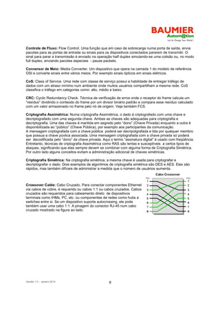 Versão 1.0 – Janeiro 2014 8
Controle de Fluxo: Flow Control. Uma função que em caso de sobrecarga numa porta de saída, envia
pacotes para as portas de entrada ou sinais para os dispositivos conectados pararem de transmitir. O
sinal para parar a transmissão é enviado na operação half duplex simulando-se uma colisão ou, no modo
full duplex, enviando pacotes especiais - pause packets.
Conversor de Meio: Media Converter. Um dispositivo que opera na camada 1 do modelo de referência
OSI e converte sinais entre vários meios. Por exemplo sinais ópticos em sinais elétricos.
CoS: Class of Service. Uma rede com classe de serviço possui a habilidade de entregar tráfego de
dados com um atraso mínimo num ambiente onde muitos usuários compartilham a mesma rede. CoS
classifica o tráfego em categorias como: alto, médio e baixo.
CRC: Cyclic Redundancy Check. Técnica de verificação de erros onde o receptor do frame calcula um
“resíduo” dividindo o conteúdo do frame por um divisor binário padrão e compara esse resíduo calculado
com um valor armazenado no frame pelo nó de origem. Veja também FCS.
Criptografia Assimétrica: Numa criptografia Assimétrica, o dado é criptografado com uma chave e
decriptografado com uma segunda chave. Ambas as chaves são adequadas para criptografia e
decriptografia. Uma das chaves é mantida em segredo pelo “dono” (Chave Privada) enquanto a outra é
disponibilizada ao “público” (Chave Pública), por exemplo aos participantes da comunicação.
A mensagem criptografada com a chave pública poderá ser decripotgrafada e lida por qualquer membro
que possua a chave púvlica associada. Uma mensagem criptografada com a chave privada só poderá
ser decodificada pelo “dono” da chave privada. Aqui o termo “assinatura digital” é usado com freqüência.
Entretanto, técnicas de criptografia Assimétrica como RAS são lentas e susceptíveis a certos tipos de
ataques, significando que elas sempre devem se combinar com alguma forma de Criptografia Simétrica.
Por outro lado alguns conceitos evitam a administração adicional de chaves simétricas.
Criptografia Simétrica: Na criptografia simétrica, a mesma chave é usada para criptografar e
decriptografar o dado. Dois exemplos de algoritmos de criptografia simétrica são DES e AES. Eles são
rápidos, mas também difíceis de administrar a medida que o número de usuários aumenta.
Crossover Cable: Cabo Cruzado. Para conectar componentes Ethernet
via cabos de cobre, é requerido ou cabos 1:1 ou cabos cruzados. Cabos
cruzados são requeridos para cabeamento direto de dispositivos
terminais como IHMs, PC, etc. ou componentes de redes como hubs e
switches entre si. Se um dispositivo suporta autocrossing, ele pode
também usar uma cabo 1:1. A pinagem do conector RJ-45 num cabo
cruzado mostrado na figura ao lado:
 