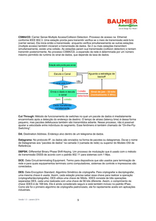 Versão 1.0 – Janeiro 2014 9
CSMA/CD: Carrier Sense Multiple Access/Collision Detection. Processo de acesso na Ethernet
conforme IEEE 802.3. Uma estação pronta para transmitir verifica se o meio de transmissão está livre
(carrier sense). Ela inicia então a transmissão enquanto verifica simultaneamente se outras estações
(multiple access) também iniciaram a transmissão de dados. Se 2 ou mais estações transmitem
simultaneamente, existe uma colisão. As estações param sua transmissão (collision detection) e tentam
transmitir posteriormente. No processo CSMA/CD, a expansão da rede é determinada por um número
máximo permitido de runtime do sinal de dados, que depende da taxa de dados.
Cut Through: Método de funcionamento de switches no qual um pacote de dados é imediatamente
encaminhado após a detecção do endereço de destino. O tempo de atraso (latency time) é dessa forma
pequeno, mas pacotes defeituosos também são transmitidos adiante. Nesse processo, não é possível
ajustar a velocidade entre indivíduos do segmento. Esse fenômeno é também chamado de “On-the-Fly-
Switching”.
DA: Destination Address. Endereço alvo dentro de um telegrama de dados.
Datagrama: No protocolo IP, os dados são enviados na forma de pacotes ou datagramas. Da-se o nome
de Datagramas aos “pacotes de dados” na camada 3 (camada de rede) ou superior do Modelo OSI de
Referência.
DBPSK: Differential Binary Phase Shift Keying. Um processo de modulação que é usado com o método
de transmissão DSSS de acordo com o padrão 802.11 para sistemas com 1 Mps.
DCE: Data Circuit-terminating Equipment. Termo para dispositivos que são usados para terminação de
rede e para quais equipamentos terminais como computadores, sistemas de controle e impressoras são
conectados.
DES: Data Encryption Standard. Algoritmo Simétrico de criptografia. Para criptografar e decriptografar,
uma mesma chave é usada. Assim, cada estação precisa saber essa chave para realizar a operação
(criptografia/decriptografia). DES utiliza uma chave de 56bits. 3DES consiste de três operações
separadas DES, cada uma realizada com uma chave de 56 bits diferente. Assim, o comprimento da
chave 3DES é de 168 bits. Ele é ainda considerado seguro e está também incluso no padrão IPsec.
Como ele foi o primeiro algoritmo de criptografia padronizado, ele foi rapidamente aceito em aplicações
industriais.
 
