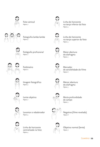 Foto vertical                                                 Linha do horizonte
                                              Página: 7                                                     no terço inferior da foto
                                                                                    LINHA DO HORIZONTE
                                                                                                            Página: 4
                        FOTO VERTICAL                                              CENTRALIZADA NA FOTO




                                              Fotografia lambe-lambe                                        Linha do horizonte
                                              Página: 9                                                     no terço superior da foto
1             2                   3                                                                         Página: 4
    FOTOGRAFIA LAMBE-LAMBE

                                                                                  LINHA DO HORIZONTE
                                                                                    SUPERIOR DA FOTO




                                              Fotógrafo profissional                                        Maior abertura
                                              Página: 7                                                     do diafragma
                                                                                                            Página: 5
                                                                                    MAIOR / ABERTURA
                    FOTÓGRAFO PROFISSIONAL                                           DO DIAFRAGMA




                                              Fotômetro                                                     Marcador
                                              Página: 6                                                     de sensibilidade do filme
                                                                                                            Página: 6
      1                       2                                                 MARCADOR DE SENSIBILIDADE
             FOTÔMETRO                                                                 DO FILME




                                              Imagem fotográfica                                            Menor abertura
                                              Página: 3                                                     do diafragma
                                                                                                            Página: 5
                                                                                    MENOR / ABERTURA
                     IMAGEM FOTOGRÁFICA                                              DO DIAFRAGMA




                                              Lente objetiva                                                Muita profundidade
                                              Página: 7                                                     de campo
                                                                                                            Página: 5
                       LENTE OBJETIVA                                              MUITA PROFUNDIDADE
                                                                                        DE CAMPO




                                              Levantar o rebobinador                                        Negativo (filme revelado)
                                              Página: 4                                                     Página: 6

                         LEVANTAR O
                        REBOBINADOR
                                                                       NEGATIVO (FILME REVELADO)




                                              Linha do horizonte                                            Objetiva normal (lente)
                                              centralizada na foto                                          Página: 7
                                              Página: 4
                    LINHA DO HORIZONTE
                  NO TERÇO INFERIOR DA FOTO                                         OBJETIVA NORMAL
                                                                                         (LENTE)




                                                                                                                               Sumário  13
 