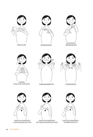 LEVANTAR O
           TIRAR FILME             REBOBINADOR               REBOBINADOR




             COPIÃO
       (FOLHA DE CONTATO)        ENQUADRAMENTO               COMPOSIÇÃO




        LINHA DO HORIZONTE      LINHA DO HORIZONTE        LINHA DO HORIZONTE
       CENTRALIZADA NA FOTO   NO TERÇO INFERIOR DA FOTO     SUPERIOR DA FOTO



4    Glossário
 