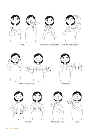 1




                                                                                      2




         1                   2
                   PILHA                 CONTADOR DE FOTOGRAMA    CARTÃO DE MEMORIA




         1                           2
                 VARAL FOTOGRÁFICO                               EXPOSIÇÃO




             1                       2
                       COLETE                       SAPATA DO FLASH           FLASH



8    Glossário
 
