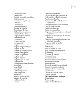 117
Consulta geriátrica
Crescimento
Cuidado comunitário do idoso
Deﬁcit de altura
Dermatoses ocupacionais
Desmame
Distritalização
Doença proﬁssional
Doenças do trabalho
Domiciliação do risco
Estabelecimentos de saúde
Gestação de alto risco
Grupo de apoio ao idoso
Hábitos saudáveis
Hemocentro
Herança genética
Hierarquização
Hospital
Hospital amigo da criança
Hospital de base
Hospital de capacidade extra
Hospital-dia geriátrico
Hospital especializado
Hospital local
Hospital regional
Hospitalização do idoso
Humanização
Humanização do atendimento
Imunologia
Integralidade
Mamograﬁa
Média complexidade
Médico regulador
Menopausa
Métodos contraceptivos
Métodos de barreiras
Modelo ecológico
Mutirão
Níveis de complexidade
Núcleos de educação em urgências
Perda auditiva induzida por ruído
Planejamento familiar
Plano nacional de saúde do sistema
penitenciário
Política nacional de saúde do idoso
Posto de medicamentos
Preservativo feminino
Preservativo masculino
Programa de humanização no pré-natal e
nascimento
Programa de interiorização do trabalho
em saúde
Programa nacional de humanização da
assistência hospitalar
Programa saúde da família
Quarentena
Reabilitação
Rede de suporte ao idoso
Rede nacional de genotipagem
Redes sociais
Reposição de nicotina
Saúde da criança
Saúde da mulher
Saúde do adolescente e do jovem
Saúde do trabalhador
Saúde indígena
Serviço de assistência especializada
Sistemas formais de cuidados
Sistemas informais de cuidados
Suporte social
Unidade de saúde da família
Unidade sanitária
Ciência e Tecnologia em Saúde
Biossegurança
Biotecnologia
Cartão Nacional de Saúde
 
