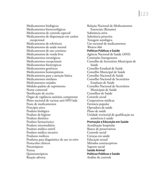 123
Medicamentos biológicos
Medicamentos biotecnológicos
Medicamentos de controle especial
Medicamentos de dispensação em caráter
excepcional
Medicamentos de referência
Medicamentos de saúde mental
Medicamentos de uso contínuo
Medicamentos de venda livre
Medicamentos estratégicos
Medicamentos excepcionais
Medicamentos ﬁtoterápicos
Medicamentos genéricos
Medicamentos homeopáticos
Medicamentos para a atenção básica
Medicamentos similares
Medicamentos tarjados
Módulo-padrão de suprimento
Nome comercial
Notiﬁcação de receita
Órgão de vigilância sanitária competente
Plano nacional de vacinas anti-HIV/aids
Posto de medicamentos
Princípio ativo
Produto biológico
Produto de higiene
Produto dietético
Produto farmacêutico
Produto intermediário
Produto médico estéril
Produto médico invasivo
Produtos médicos
Produtos para diagnóstico de uso in-vitro
Protocolos clínicos
Psicotrópicos
Pureza
Quimioterápicos
Reação adversa
Relação Nacional de Medicamentos
Essenciais (Rename)
Substância ativa
Substância proscrita
Testagem sorológica
Uso racional de medicamentos
Western blot
Políticas Públicas e Saúde
Agência Nacional de Saúde (ANS)
Comissões Intergestores
Conselho de Secretários Municipais de
Saúde
Conselho Estadual de Saúde
Conselho Municipal de Saúde
Conselho Nacional de Saúde
Conselho Nacional de Secretários
Estaduais de Saúde
Conselho Nacional de Secretários
Municipais de Saúde
Conselhos de Saúde
Controle social
Cooperativas médicas
Farmácia popular
Operadora de saúde
Plano de saúde
Unidade territorial de qualiﬁcação na
assistência à saúde
Promoção e Educação em Saúde
Acreditação hospitalar
Banco de preservativos
Controle social
Crenças em saúde
Educação sexual
Métodos contraceptivos
Suporte social
Saúde Animal
Políticas Públicas e Saúde
Análise de controle
 