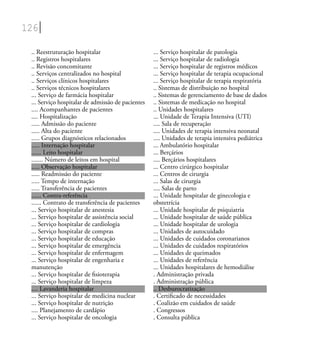 126
.. Reestruturação hospitalar
.. Registros hospitalares
.. Revisão concomitante
.. Serviços centralizados no hospital
.. Serviços clínicos hospitalares
.. Serviços técnicos hospitalares
... Serviço de farmácia hospitalar
... Serviço hospitalar de admissão de pacientes
.... Acompanhantes de pacientes
.... Hospitalização
..... Admissão do paciente
..... Alta do paciente
..... Grupos diagnósticos relacionados
..... Internação hospitalar
...... Leito hospitalar
....... Número de leitos em hospital
..... Observação hospitalar
..... Readmissão do paciente
..... Tempo de internação
..... Transferência de pacientes
...... Contra-referência
...... Contrato de transferência de pacientes
... Serviço hospitalar de anestesia
... Serviço hospitalar de assistência social
... Serviço hospitalar de cardiologia
... Serviço hospitalar de compras
... Serviço hospitalar de educação
... Serviço hospitalar de emergência
... Serviço hospitalar de enfermagem
... Serviço hospitalar de engenharia e
manutenção
... Serviço hospitalar de ﬁsioterapia
... Serviço hospitalar de limpeza
.... Lavanderia hospitalar
... Serviço hospitalar de medicina nuclear
... Serviço hospitalar de nutrição
.... Planejamento de cardápio
... Serviço hospitalar de oncologia
... Serviço hospitalar de patologia
... Serviço hospitalar de radiologia
... Serviço hospitalar de registros médicos
... Serviço hospitalar de terapia ocupacional
... Serviço hospitalar de terapia respiratória
.. Sistemas de distribuição no hospital
.. Sistemas de gerenciamento de base de dados
.. Sistemas de medicação no hospital
.. Unidades hospitalares
... Unidade de Terapia Intensiva (UTI)
.... Sala de recuperação
.... Unidades de terapia intensiva neonatal
.... Unidades de terapia intensiva pediátrica
... Ambulatório hospitalar
... Berçários
.... Berçários hospitalares
... Centro cirúrgico hospitalar
... Centros de cirurgia
... Salas de cirurgia
.... Salas de parto
... Unidade hospitalar de ginecologia e
obstetrícia
... Unidade hospitalar de psiquiatria
... Unidade hospitalar de saúde pública
... Unidade hospitalar de urologia
... Unidades de autocuidado
... Unidades de cuidados coronarianos
... Unidades de cuidados respiratórios
... Unidades de queimados
... Unidades de referência
... Unidades hospitalares de hemodiálise
. Administração privada
. Administração pública
.. Desburocratização
. Certiﬁcado de necessidades
. Coalizão em cuidados de saúde
. Congressos
. Consulta pública
 