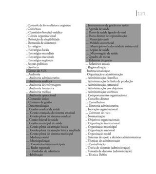 127
. Controle de formulários e registros
. Convênios
.. Convênios hospital-médico
. Cultura organizacional
. Deﬁnição da elegibilidade
. Demanda de alimentos
. Estratégias
.. Estratégias locais
.. Estratégias mundiais
.. Estratégias nacionais
.. Estratégias regionais
. Fatores políticos
. Gerência
. Gestão do SUS
.. Auditoria
... Auditoria administrativa
... Auditoria analítica
... Auditoria de enfermagem
... Auditoria ﬁnanceira
... Auditoria médica
... Auditoria operacional
.. Comando único
.. Contrato de gestão
.. Descentralização
... Gestão estadual de saúde
.... Gestão avançada do sistema estadual
.... Gestão plena do sistema estadual
... Gestão federal de saúde
... Gestão municipal de saúde
.... Gestão plena da atenção básica
.... Gestão plena da atenção básica ampliada
.... Gestão plena do sistema municipal
.... Mudança social
.... Municipalização
..... Consórcios intermunicipais
..... Redes regionais
...... Unidades de referência
.. Habilitação
.. Instrumentos de gestão em saúde
... Agenda de saúde
... Plano de saúde (gestão do sus)
... Plano diretor de regionalização
.... Município-pólo
.... Módulo assistencial
..... Município-sede do módulo assistencial
.... Região de saúde
..... Microrregião de saúde
... Quadro de metas
... Relatório de gestão
... Relatórios anuais
.. Regionalização
. Institucionalização
. Organização e administração
.. Administração cientíﬁca
.. Administração de linha de produção
.. Administração estrutural
.. Administração por objetivos
.. Administração sistêmica
.. Comportamento organizacional
.. Conselho diretor
... Conselheiros
... Diretoria administrativa
.. Inovação organizacional
... Contrato de risco
.. Normatização
.. Objetivos organizacionais
.. Organização institucional
.. Organização municipal
.. Organização nacional
.. Organização social
.. Sistemas de apoio a decisões administrativas
.. Técnicas de administração
... Centralização
.. Teoria de sistemas (administração)
.. Tomada de decisões (administração)
... Técnica Delfos
 